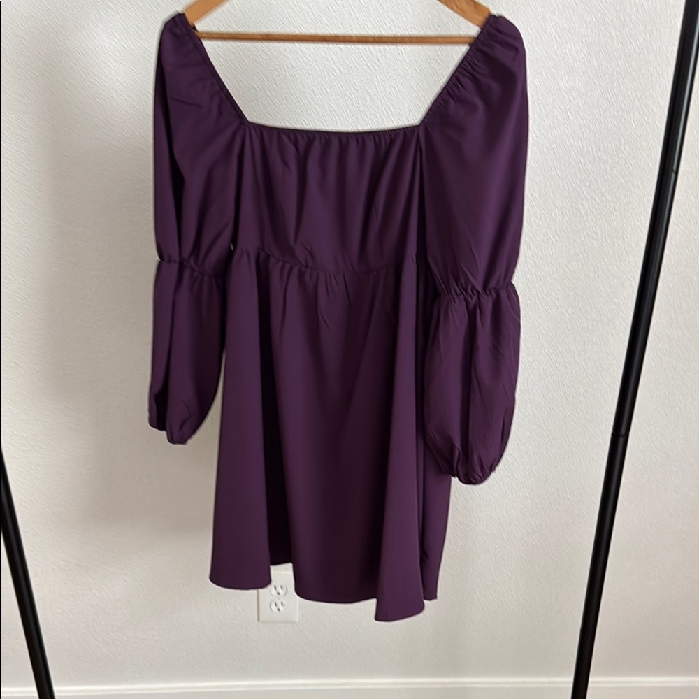 Amazon Purple Relaxed Mini Dress with Ruched 3/4 Sleeves